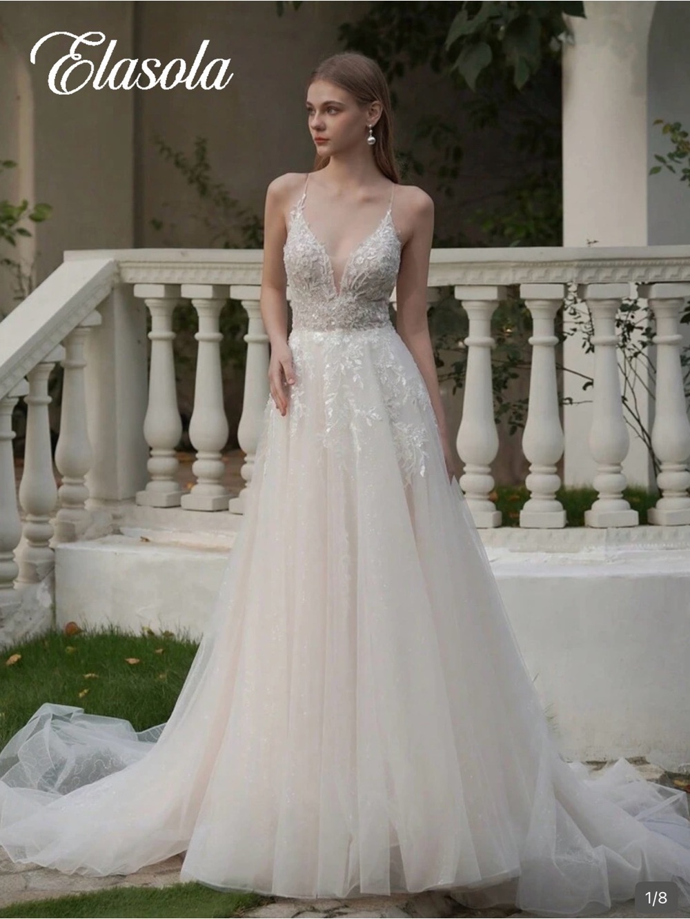 SHEIN Ivory Lace Embroidered Plunging V-Neck Wedding Gown